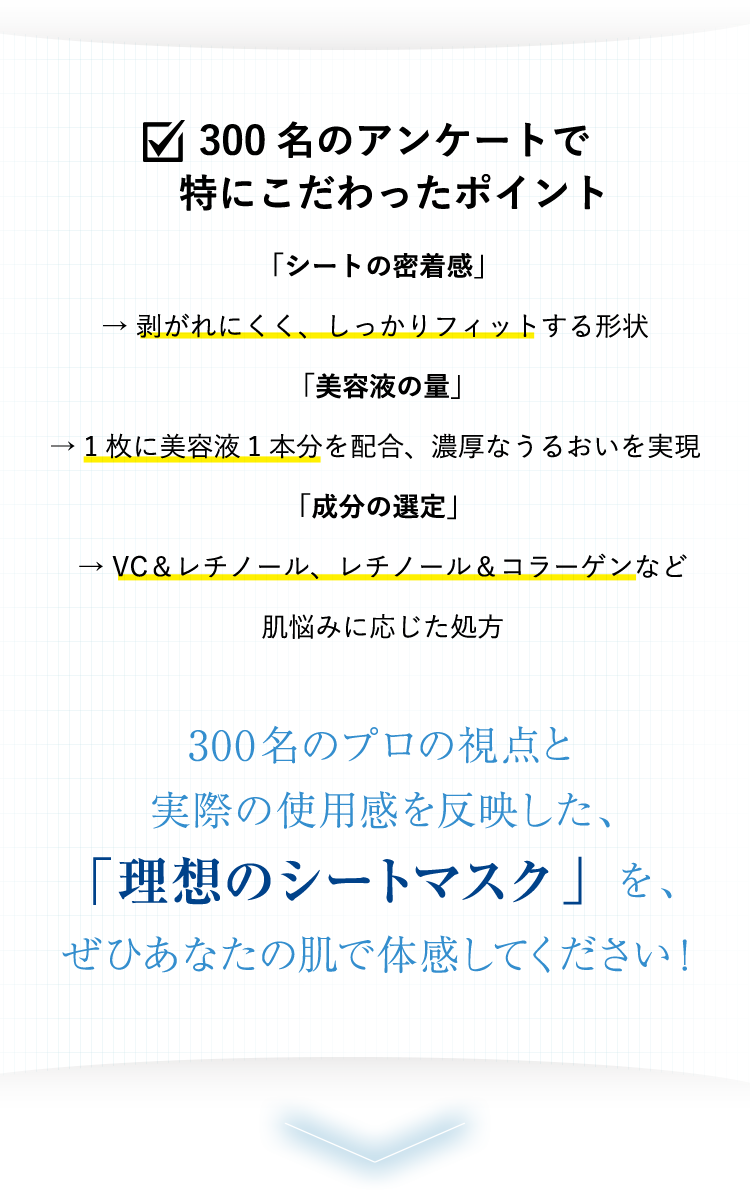 300名のアンケートで特にこだわったポイント 「シートの密着感」 → 剥がれにくく、しっかりフィットする形状　「美容液の量」→ 1枚に美容液1本分を配合、濃厚なうるおいを実現　「成分の選定」 → VC＆レチノール、レチノール＆コラーゲンなど肌悩みに応じた処方　300名のプロの視点と実際の使用感を反映した、「理想のシートマスク」を、ぜひあなたの肌で体感してください！
